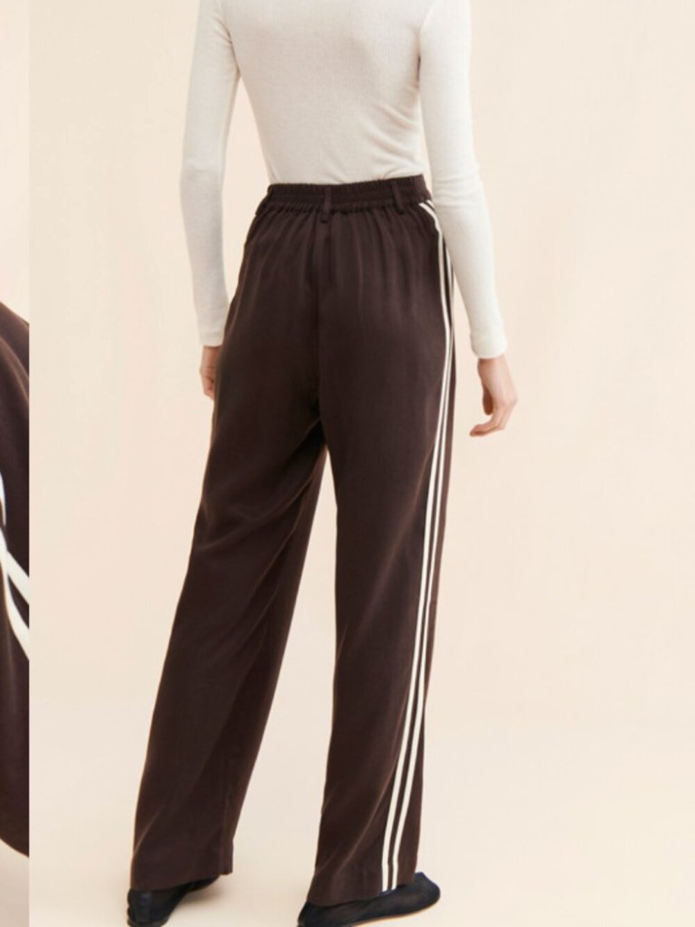 DONNI Twill Pleated Stripe Pants in Brown and White, Size Medium - Picture 3 of 12
